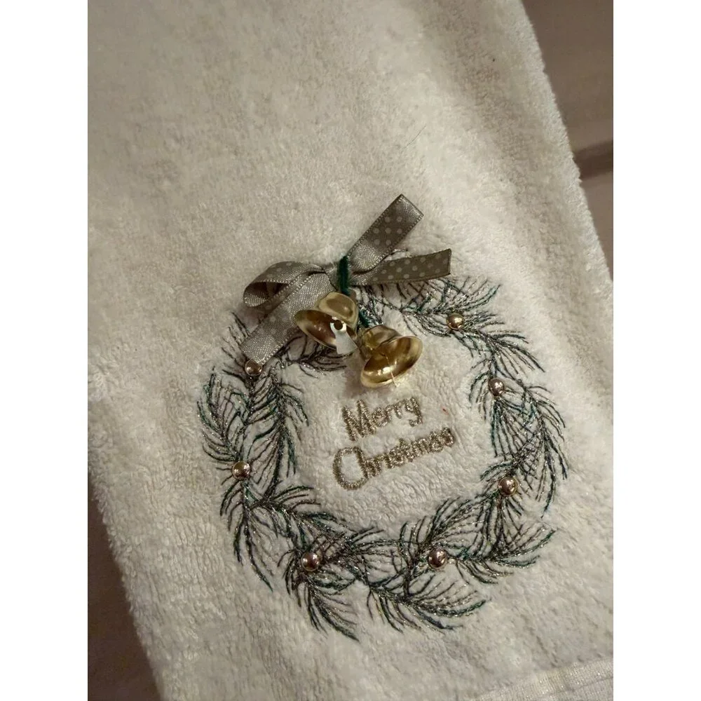 GLITZ + GLIMMER Christmas Hand Towel Wreath Gold Bells Cream Embroidered Holiday